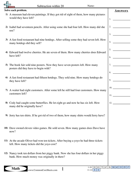 Subtraction Worksheets - Subtraction within 20 worksheet